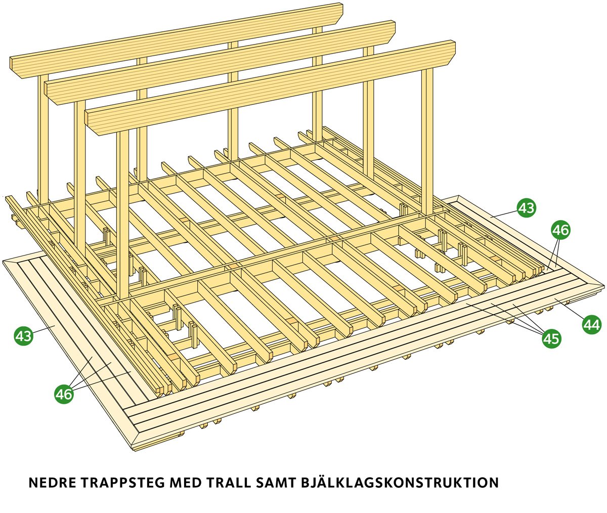 Nedre trappsteg med trall samt bjälklagskonstruktion
