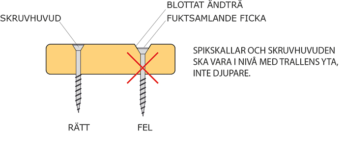 Figur 2 Skruvhuvuden och spikskallar ska vara i nivå med trallens översida, inte djupare.